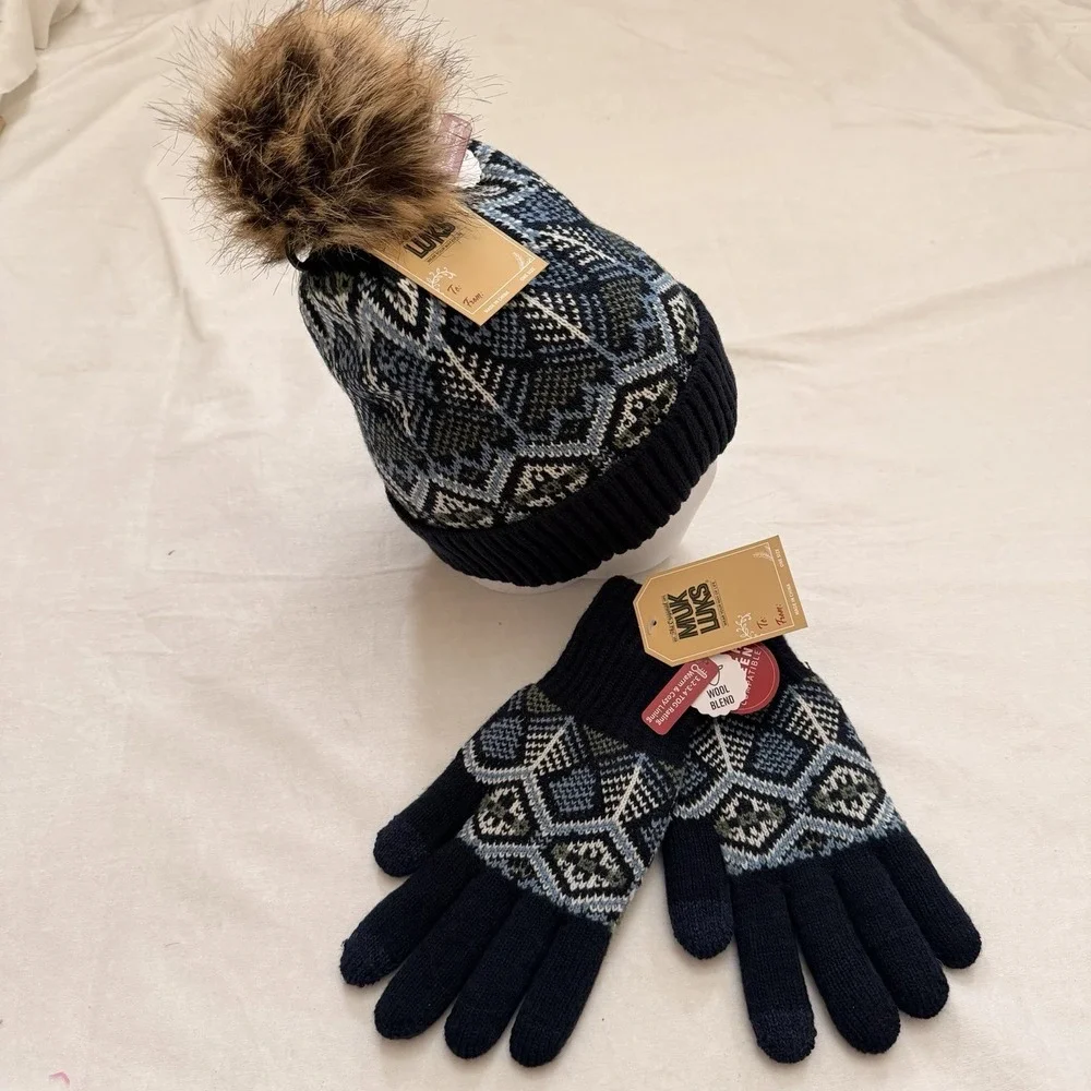 Muk Luks Women's Fair Isle Beanie Hat And Glove Set Black Gray,Blue Faux Fur Pom